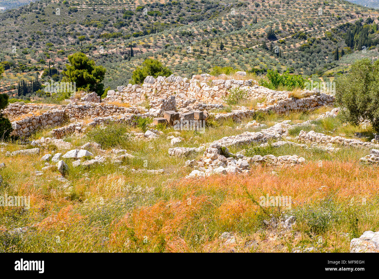 Mykene, Zentrum der griechischen Zivilisation, Peloponnes, Griechenland. Mykene ist eine berühmte archäologische Stätte in Griechenland. Weltkulturerbe der UNESCO Stockfoto