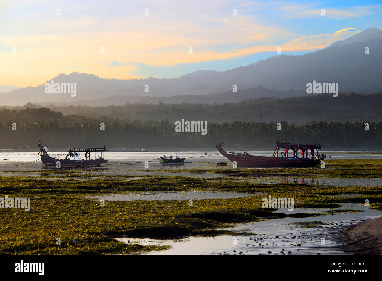 Fischerboote bei Ebbe am frühen Morgen Lombok Indonesien Stockfoto
