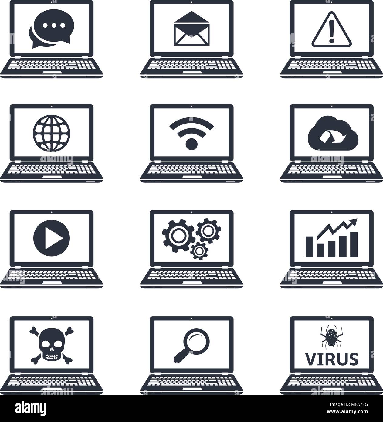 Sammlung von Laptop-Symbole mit Zeichen und Symbole auf dem Bildschirm.  Vector Illustration Stock-Vektorgrafik - Alamy