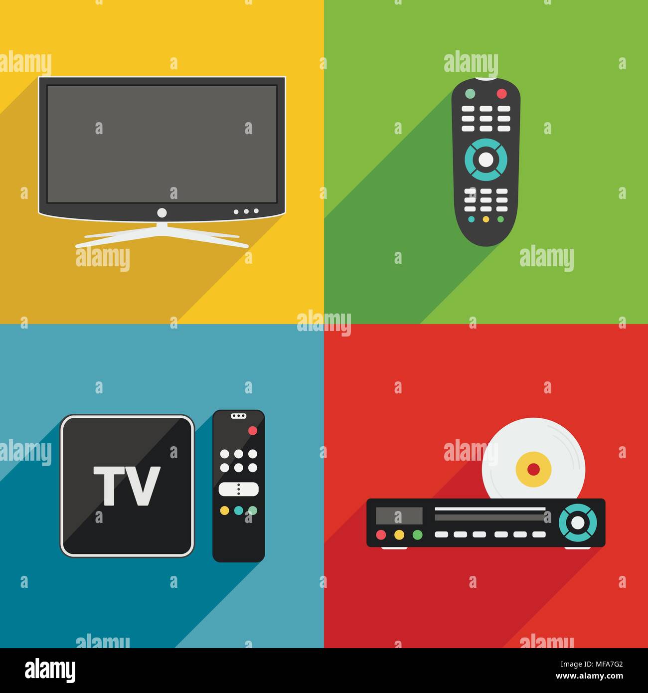 Smart TV, Fernbedienung, DVD-Player und TV Box receiver flache Design Vector Icons Stock Vektor