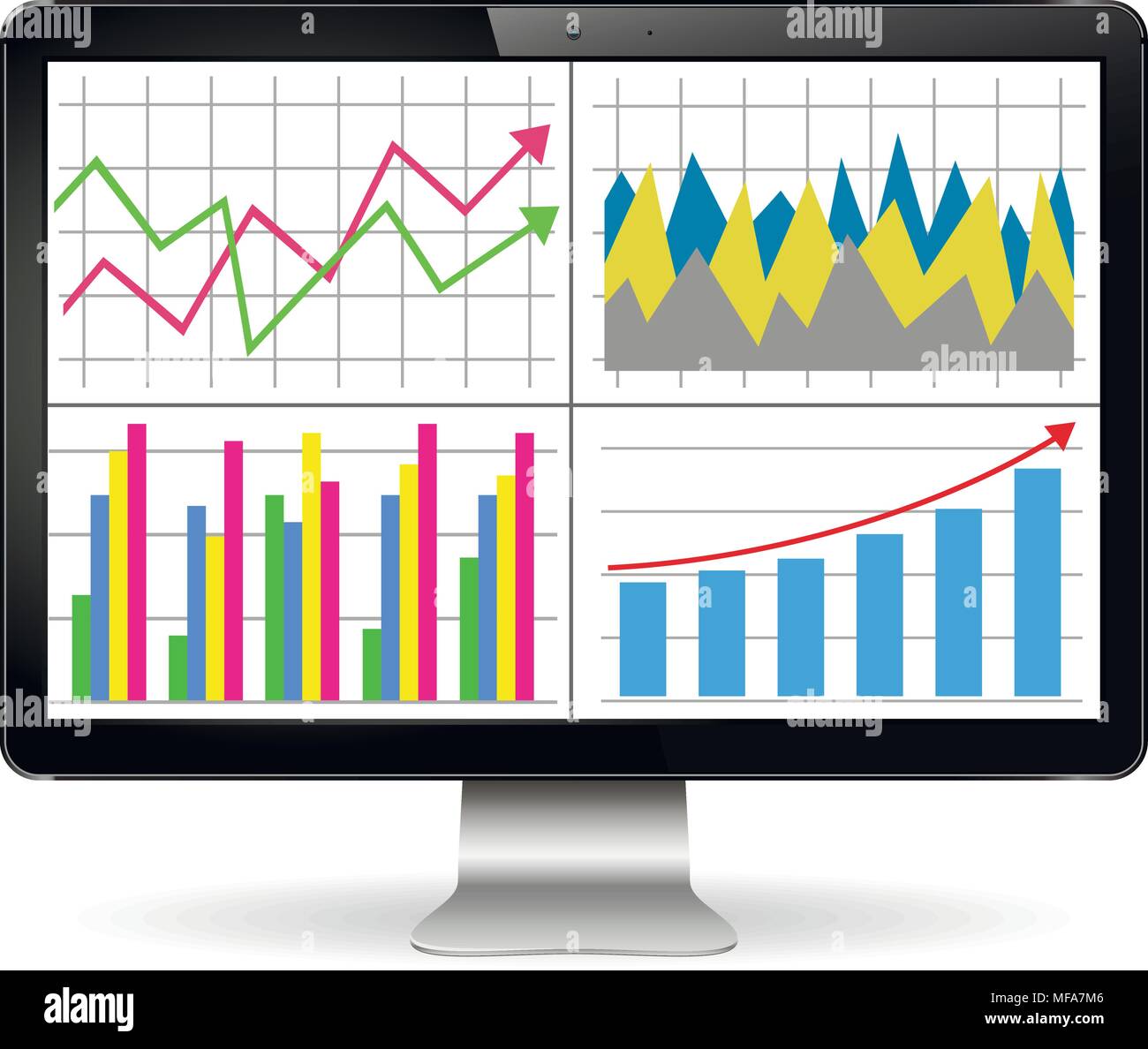 Abbildung: moderne Computer Display mit Graphen und Diagrammen auf dem Bildschirm. Finanzen Statistik, statistische Analyse. Stock Vektor