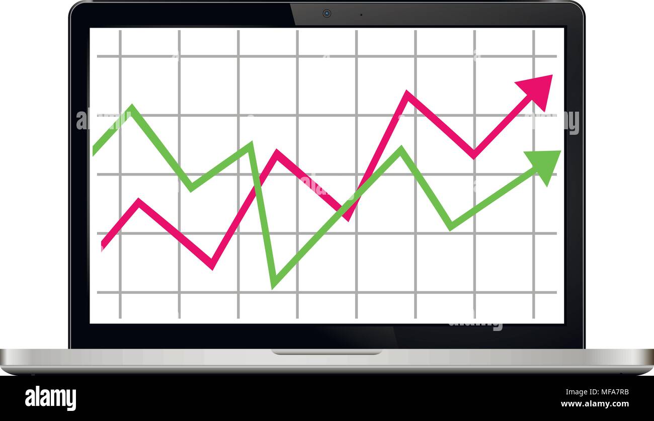 Moderne Laptop mit Grafik auf dem Bildschirm. Finanzen Statistik, statistische Analyse. Stock Vektor