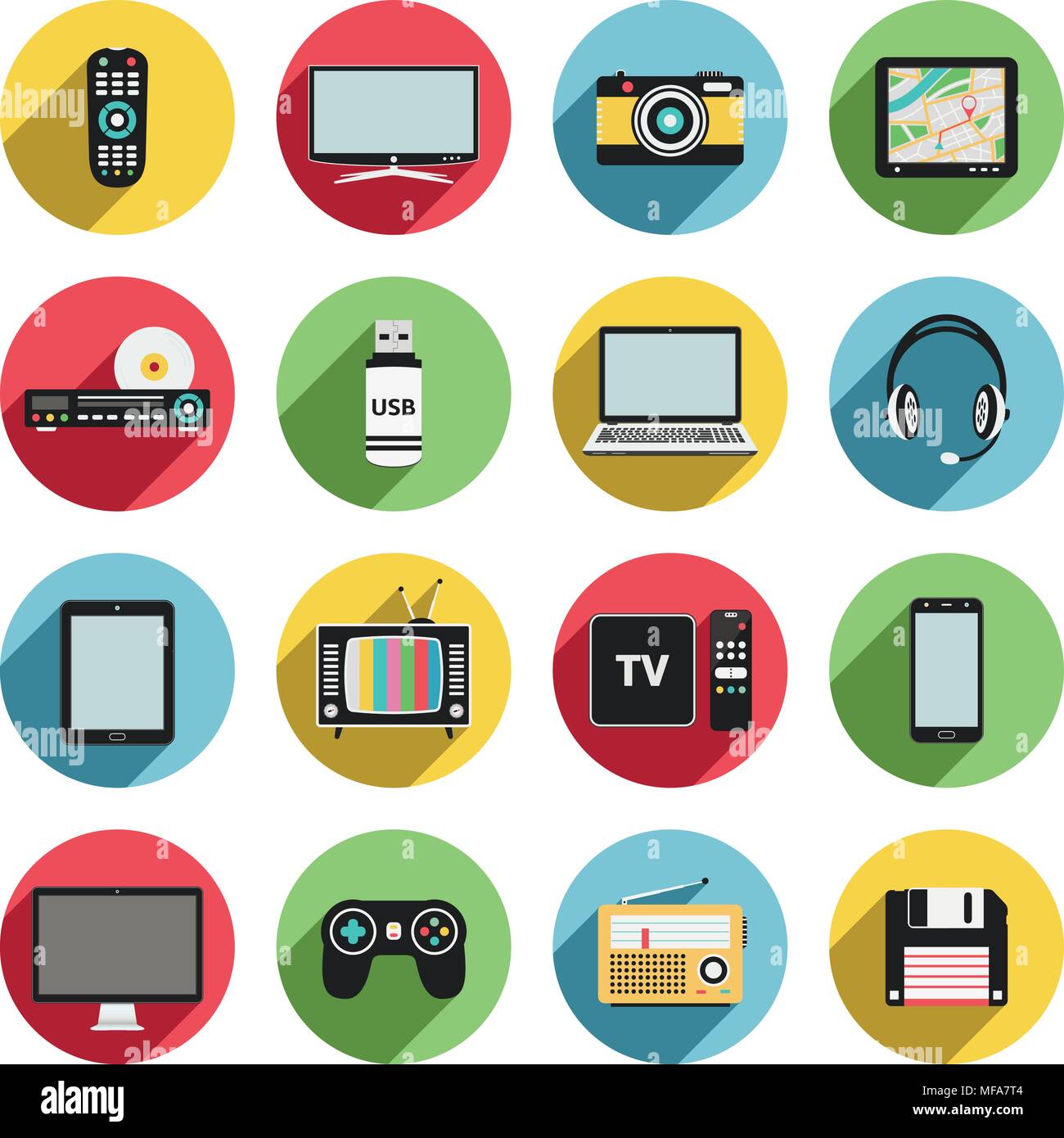 Technik und Multimedia Flachbild-Symbole mit langen Schatten. Vector Illustration. Stock Vektor