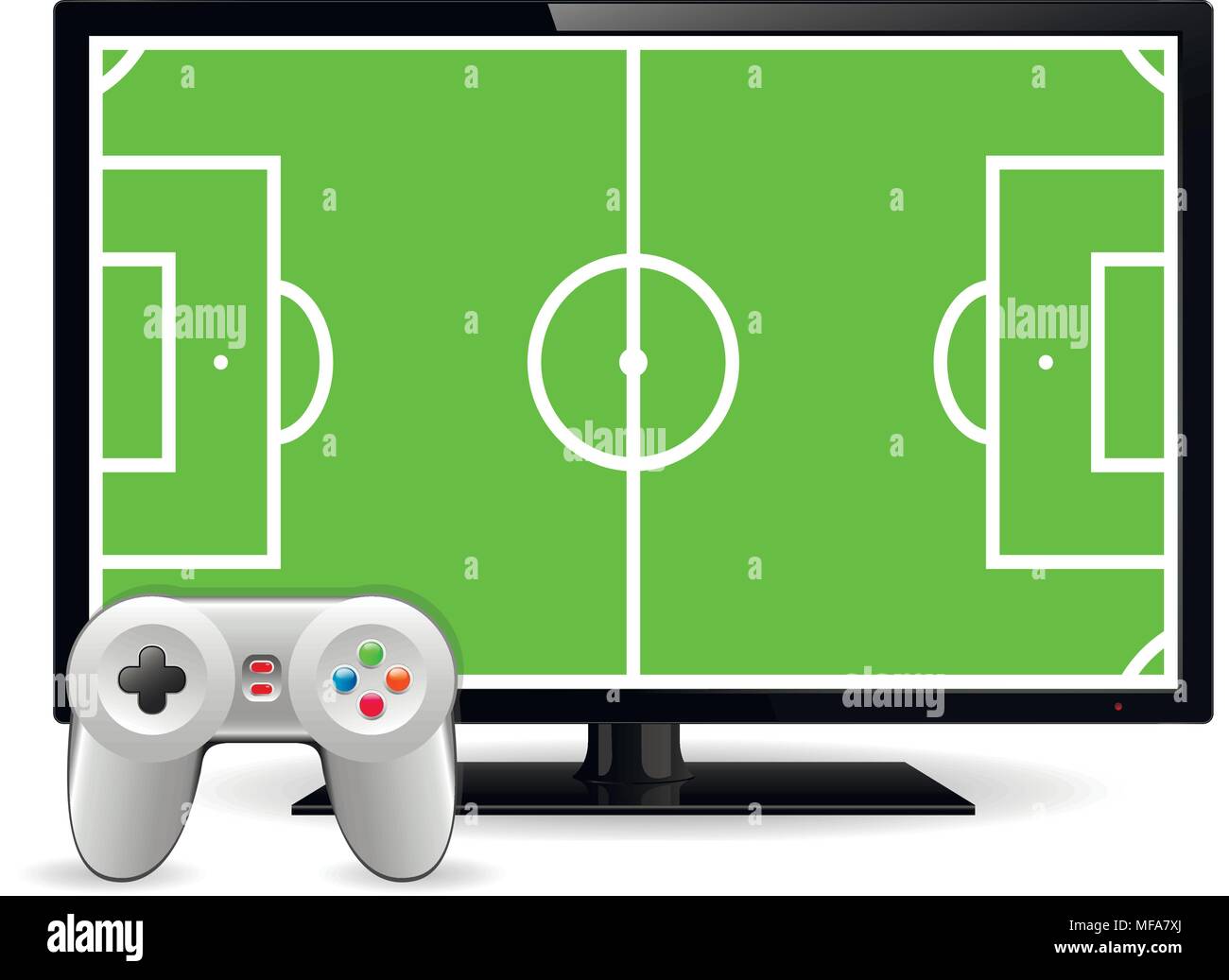 Joystick und TV mit Fußball-Feld auf dem Bildschirm. Video Spiel Konzept. Vector Illustration Stock Vektor