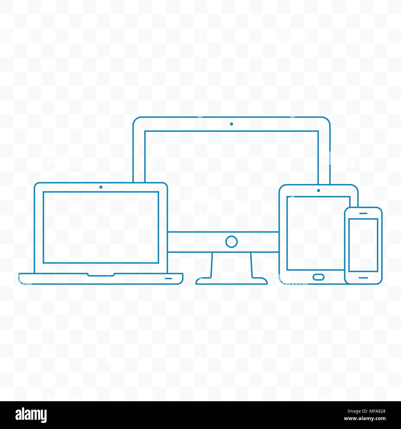 Moderne elektronische Geräte. Linienstil Abbildung: PC, Notebook, Tablet-PC und Handy. Vector EPS 10. Stock Vektor