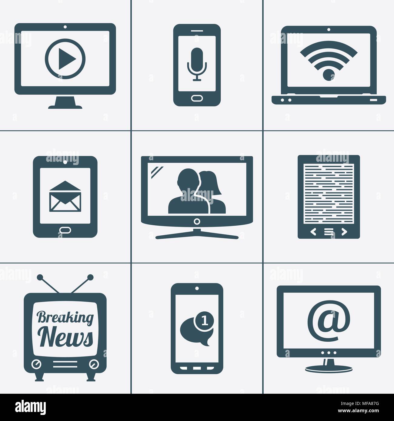 Digitale Geräte Symbole mit Kontakt und Kommunikation Zeichen auf dem Bildschirm. Vector Illustration. Stock Vektor
