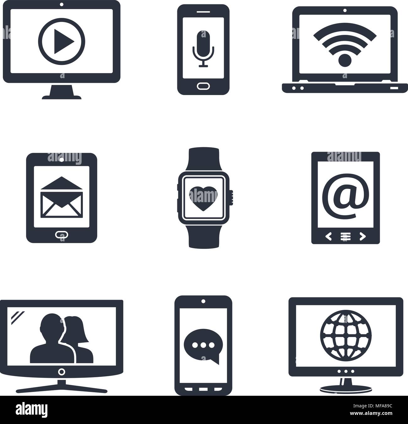 Digitale Geräte Symbole mit Kontakt und Kommunikation Zeichen auf dem Bildschirm. Vector Illustration. Stock Vektor