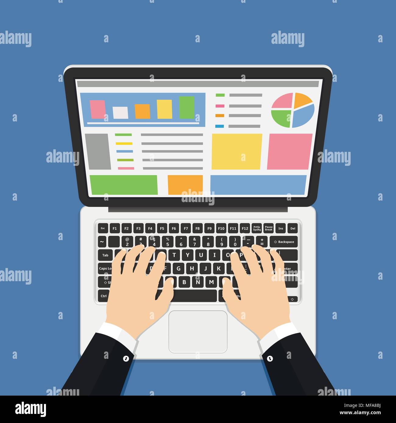 Geschäftsmann Hände auf Laptop Tastatur. Flache Bauform. Vector Illustration. Stock Vektor