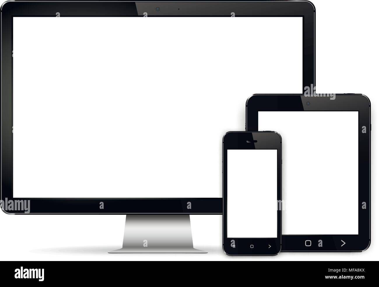 Moderne Technik Geräte - computer monitor, digitale Tablet-PC und Handy mit leerer Bildschirm mockup. Auf weissem Hintergrund. Vector EPS 10. Stock Vektor