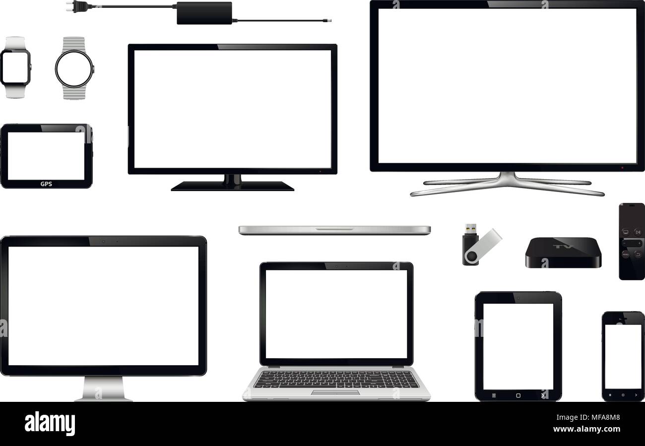 Moderne digitale Geräte. Festlegen von realistischen Smart TV, Computer, Monitor, Laptop, Tablet-PC, Handy, smart Watch, USB-Flash-Laufwerk, das GPS-Navigationssystem Stock Vektor