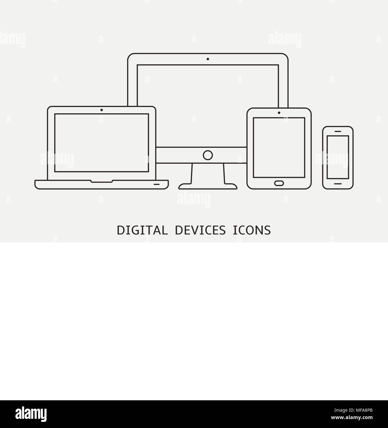 Vektor einrichten der Umrisse Gerätesymbole. Monitor, Laptop, Tablet PC und Smartphone. Vector Illustration Stock Vektor