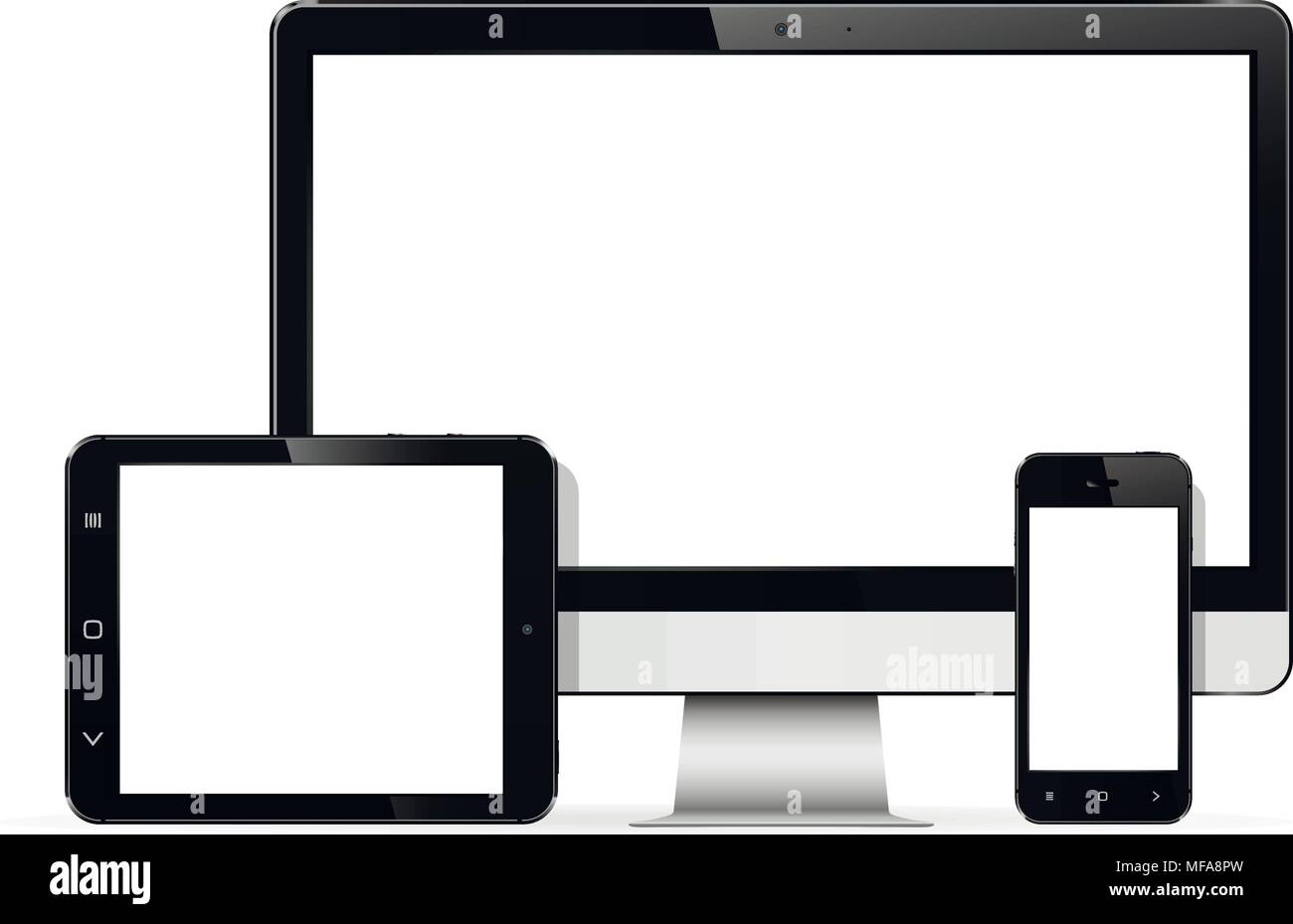 Moderne Technik Geräte - computer monitor, digitale Tablet-PC und Handy mit leerer Bildschirm mockup. Auf weissem Hintergrund. Vector EPS 10. Stock Vektor