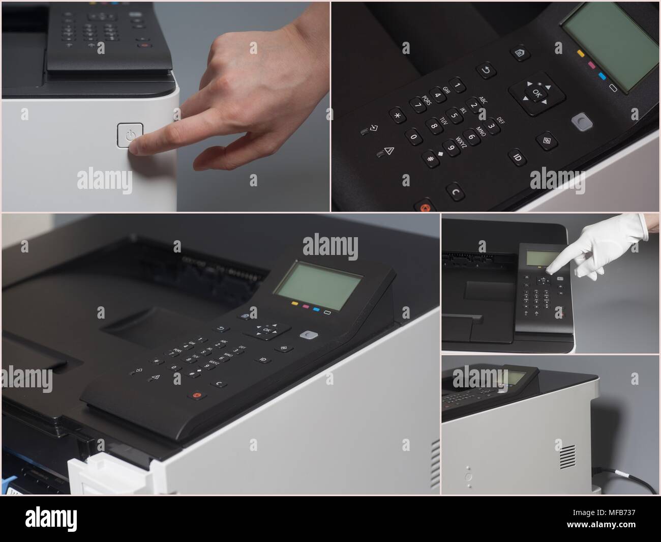 Woman's Hände in weißen Handschuh durch Drücken der Taste auf dem Bedienfeld Farb Laser Drucker collage Stockfoto