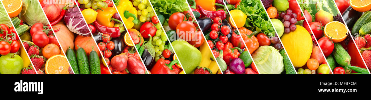 Panoramablick auf die Sammlung von frischem Obst und Gemüse getrennt schräge Streifen. Stockfoto