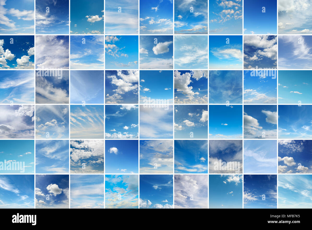 Große Collage mit Wolken cumulus, Cirrus, Regen, klaren Himmel für das Projekt. Stockfoto