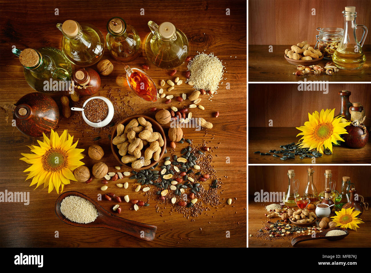 Sammlung Fotos pflanzliche Öle und Samen auf dunklen Holz- Oberfläche. Stockfoto