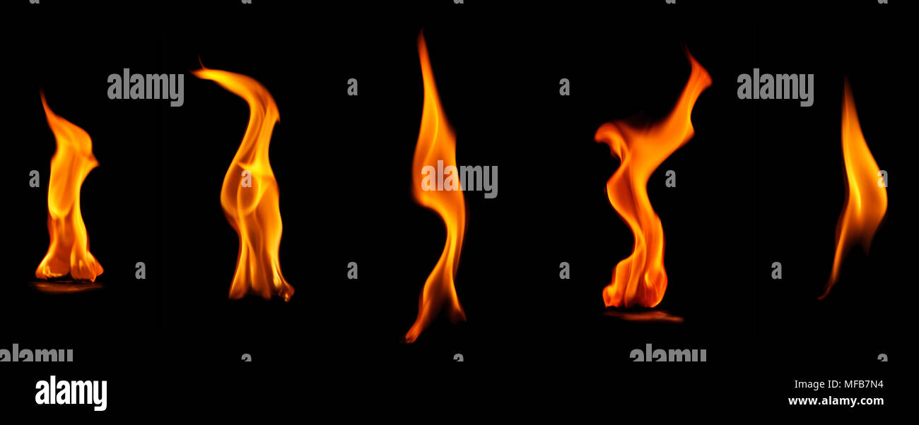 Sammlung blinkt Flamme auf schwarzem Hintergrund isoliert. Stockfoto