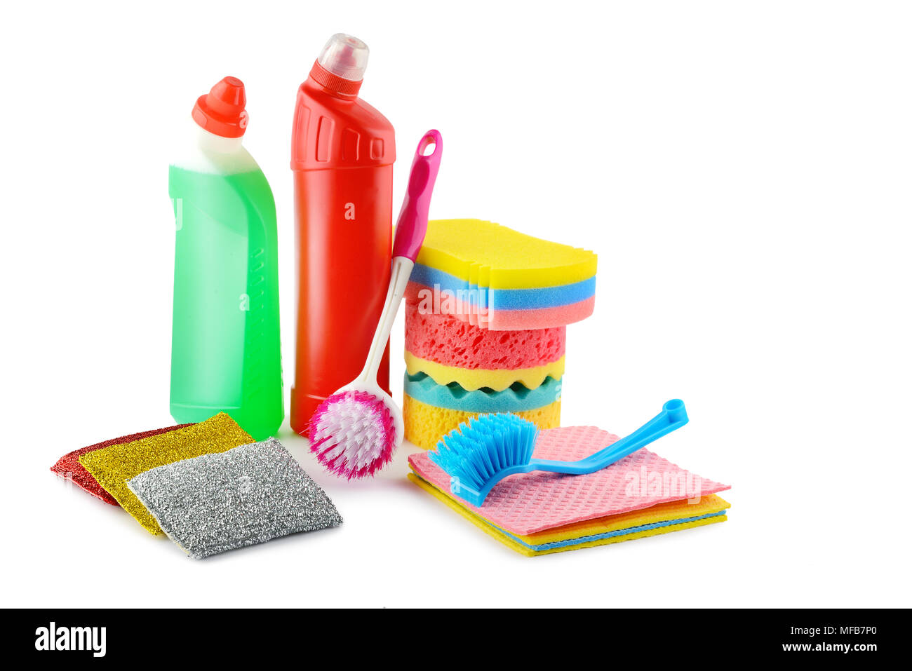 Reinigungsmittel auf weißem Hintergrund für Ihr Projekt isoliert. Ansicht von oben. Platz kopieren Stockfoto