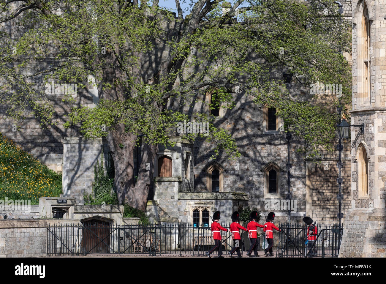 Gardisten in Windsor Castle März aus dem Viereck am Fuße des Motte der Runde Turm. Stockfoto