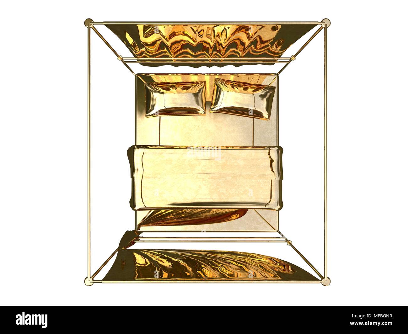 3D-Rendering von einem goldenen Bett auf einem weißen Hintergrund isoliert Stockfoto