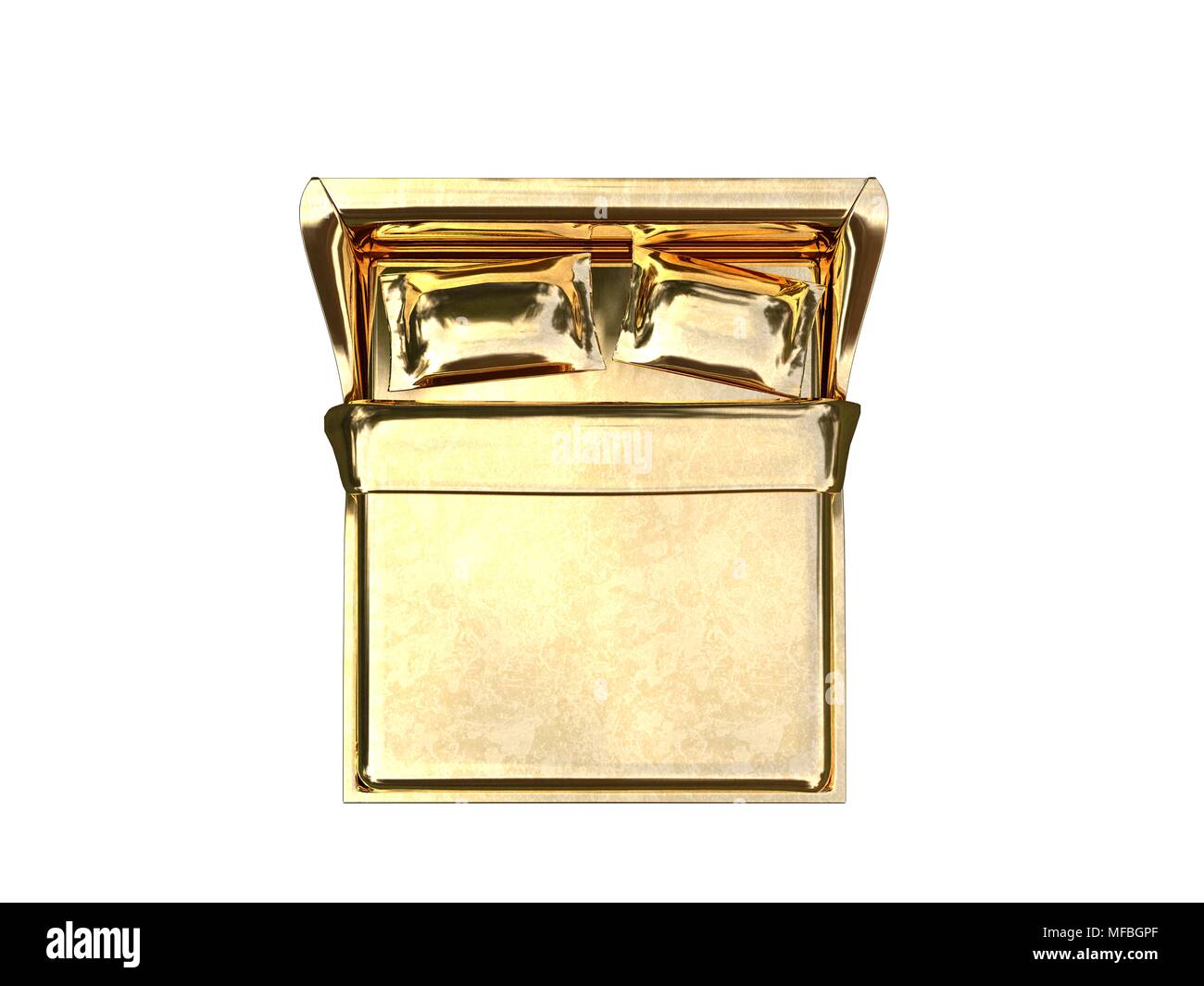 3D-Rendering von einem goldenen Bett auf einem weißen Hintergrund isoliert Stockfoto