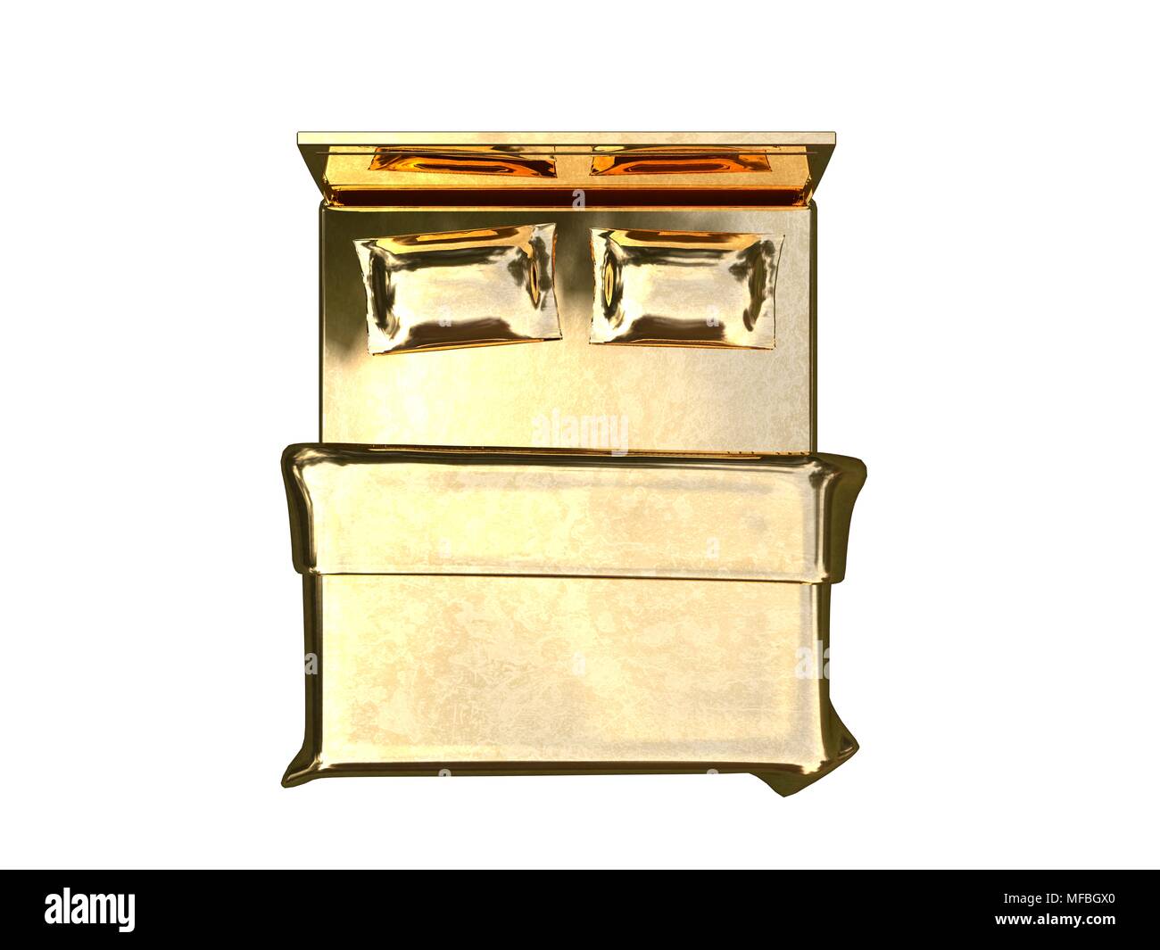 3D-Rendering von einem goldenen Bett auf einem weißen Hintergrund isoliert Stockfoto