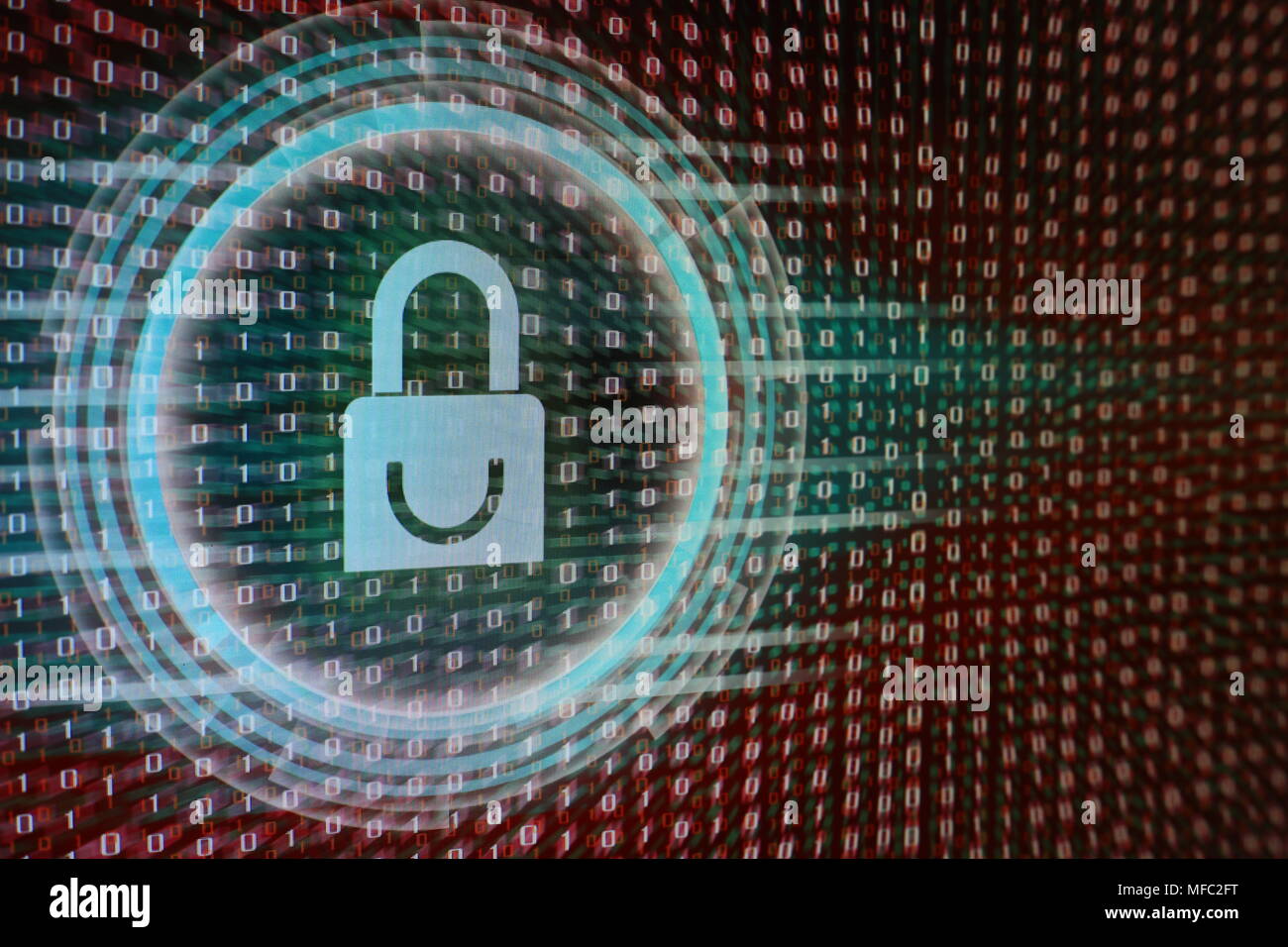 Datenschutz Datensicherheit im sozialen cyber Alter. Blaues Vorhängeschloss, Kreis Licht Energie umgibt, Rot, binären Code Bit fließenden Bewegung in Stockfoto