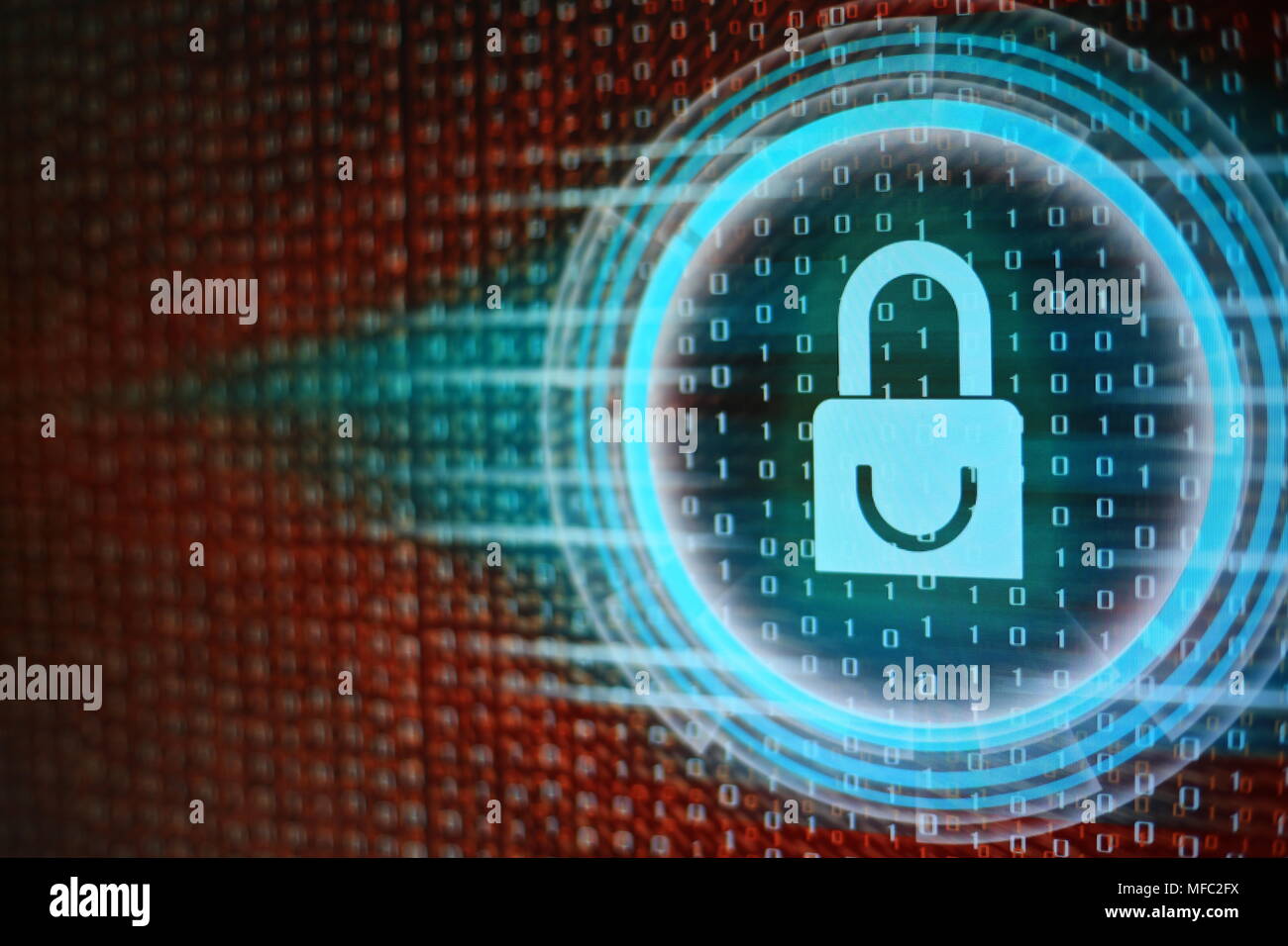 Datenschutz Datensicherheit im sozialen cyber Alter. Blaues Vorhängeschloss, Kreis Licht Energie umgibt, Rot, binären Code Bit fließenden Bewegung in Stockfoto