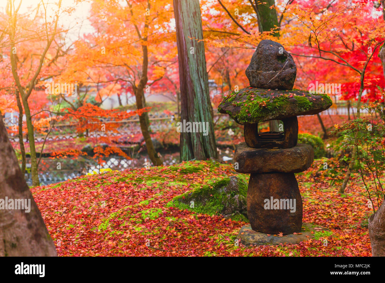 Toro Traditionelle japanische Stein Laterne in der schönen Red Maple Park Stockfoto