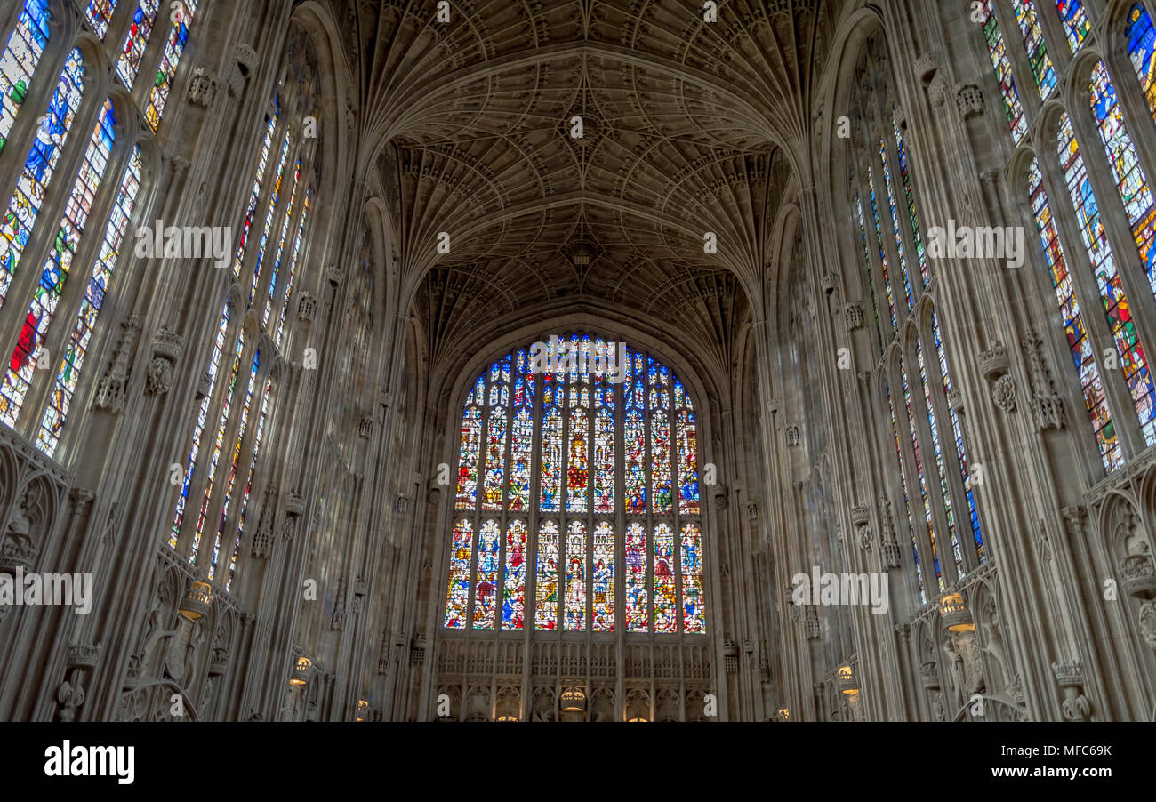 Cambridge, Großbritannien - 17 April 2016: Architektur innerhalb des berühmten Königs College, Cambridge, Vereinigtes Königreich Stockfoto