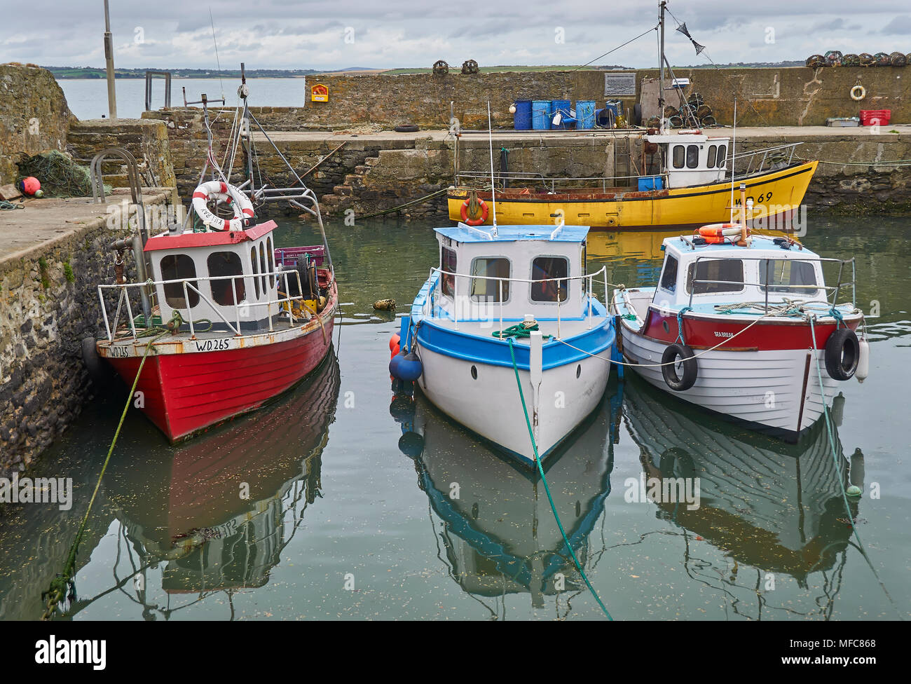 Vier bunte lokale irische Fischerboote vertäut, bei Ebbe in Fethard Harbour im County Wexford, Irland. Stockfoto