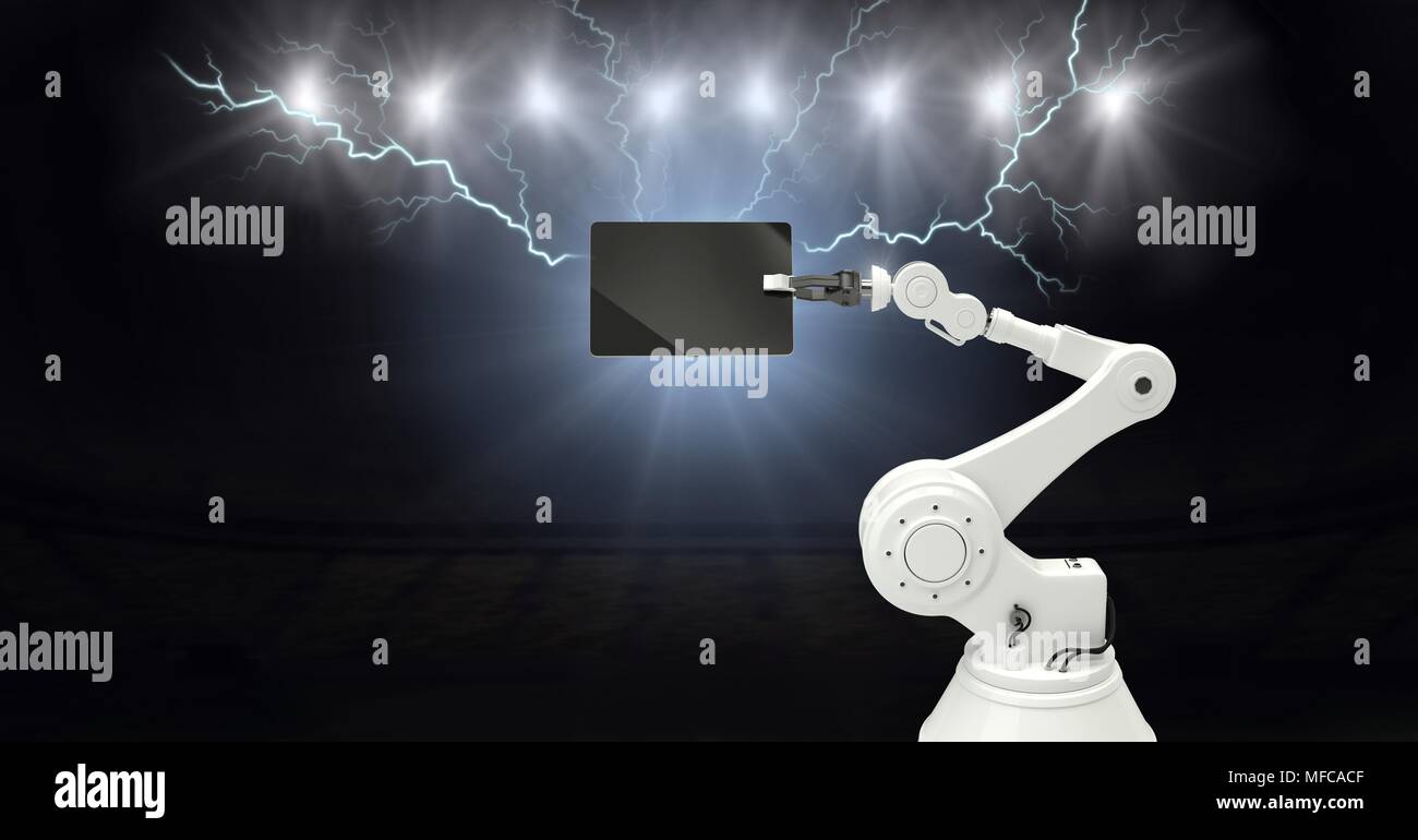 Blitzeinschläge Roboter und Maschine, die Tablette Stockfoto