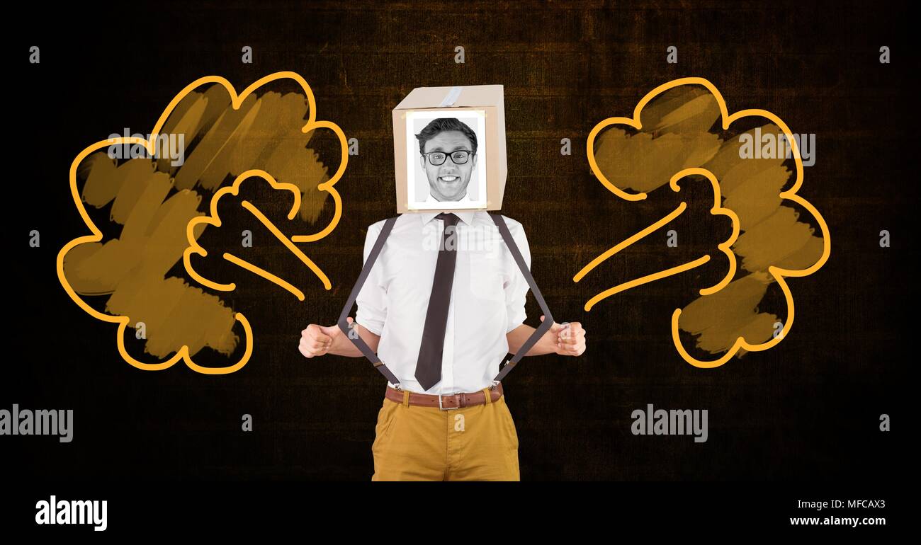 Lustiger Mann mit Karton Kopf und waberndem Rauch Grafik an der Wand Stockfoto