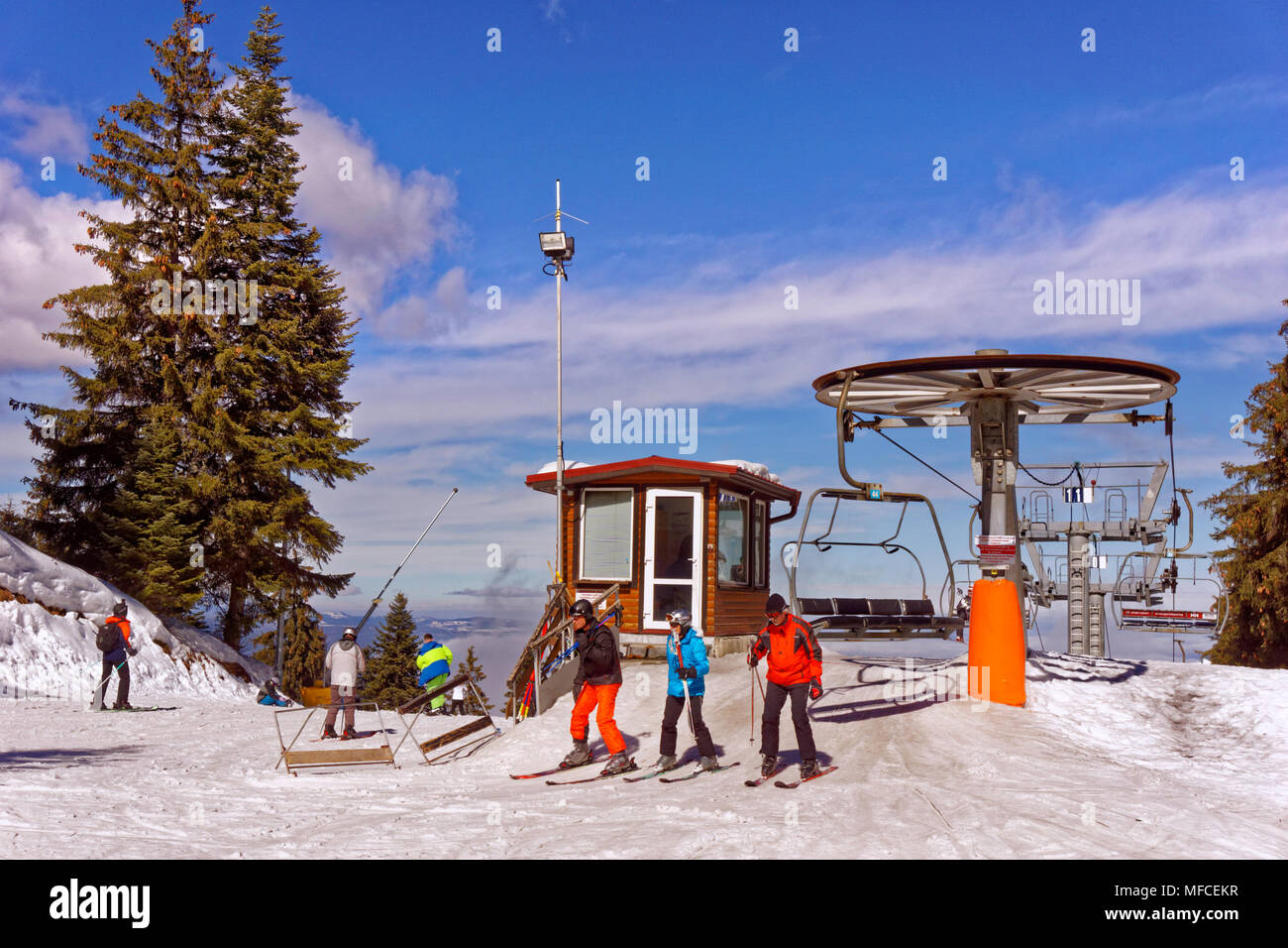 Martinovi Baraki Sessellift Gipfel in Borovets Ski Resort, Targovishte, Bulgarien. Stockfoto