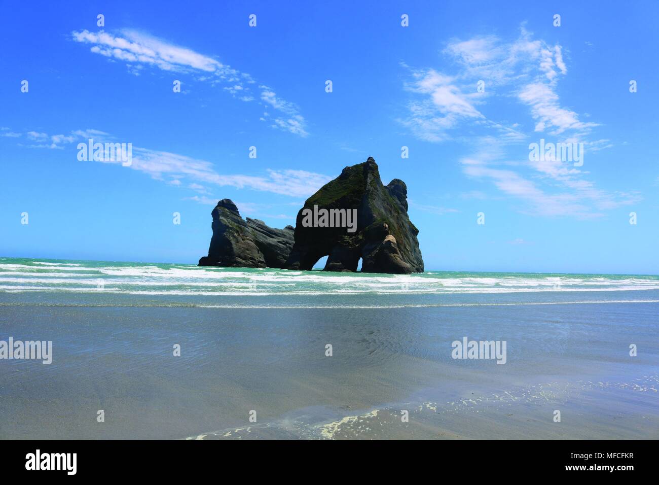 Wharariki Beach, oben auf der Südinsel, Neuseeland Stockfoto