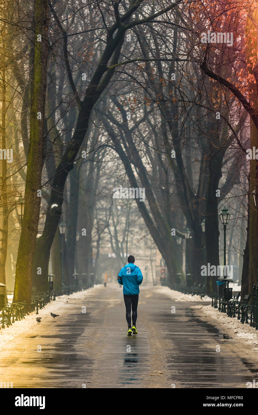 Man Walking entlang Pfad umgeben von Bäumen, im Winter, mit einem Beutel Stockfoto