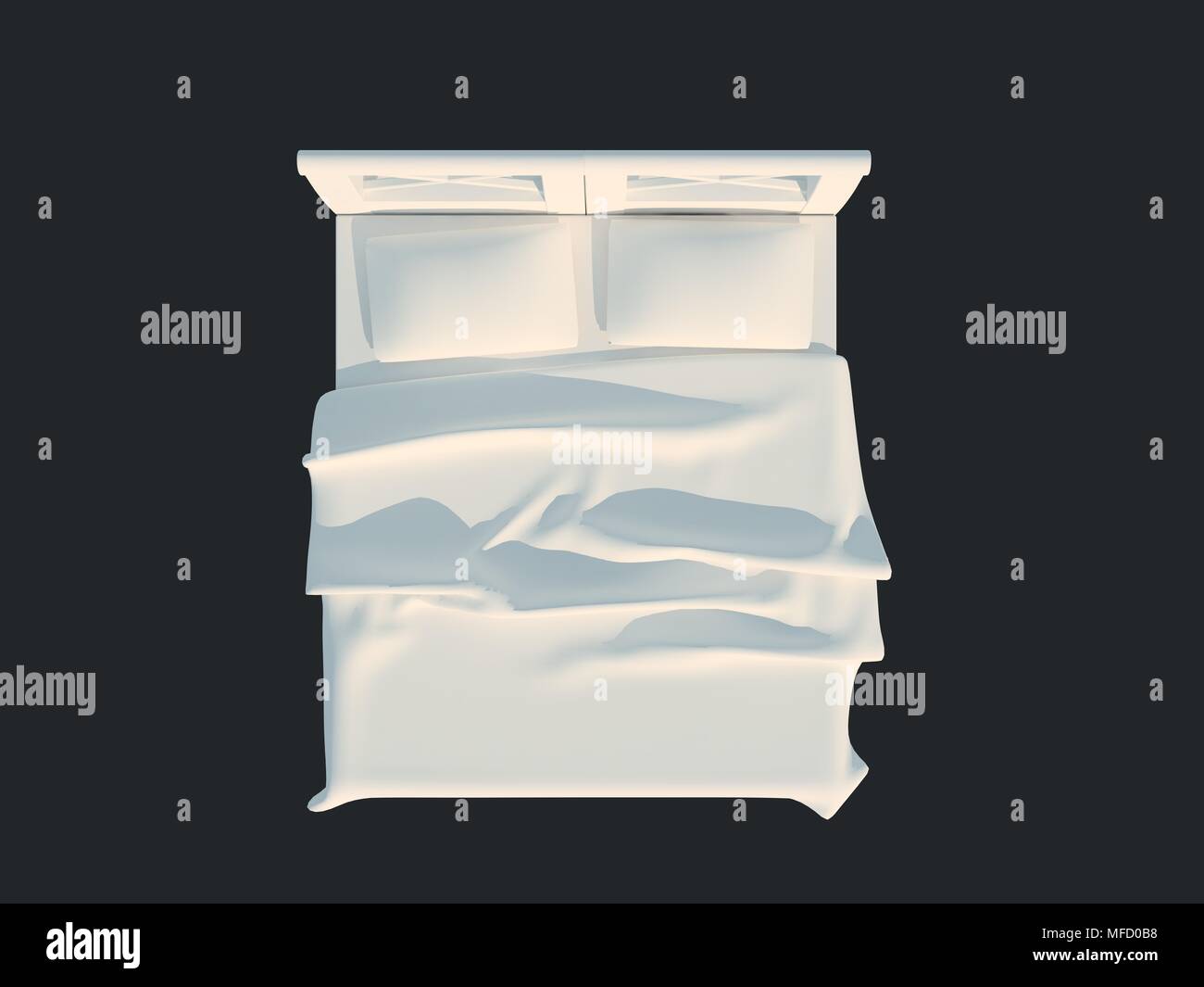 3D-Rendering von einer weißen Bett auf einem schwarzen dunklen Hintergrund isoliert Stockfoto