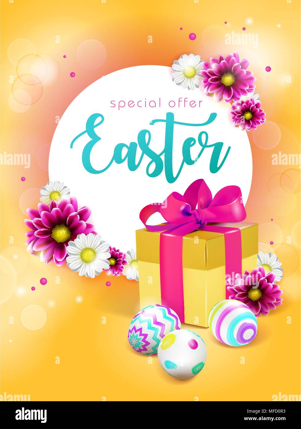 Sunny template vector Karte mit realistischen Eier, Geschenkbox und Blumen. Handschrift Aufschrift Frohe Ostern. Schrift, Kalligraphie. 3D. Stock Vektor