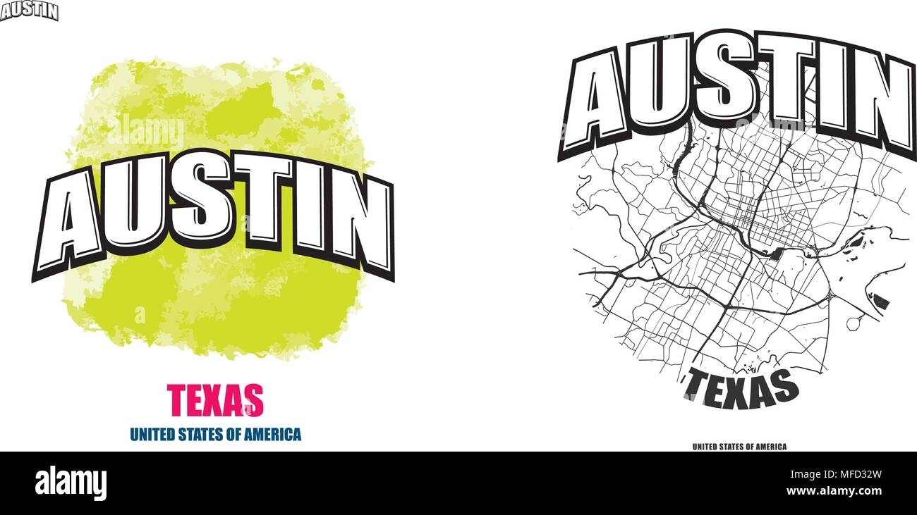 Austin, Texas, Logo Design. Zwei in einem Vektor Kunst Großes Logo mit Vintage Briefe mit schönen farbigen Hintergrund und eine - Farbe - Version mit Karte für immer Stock Vektor