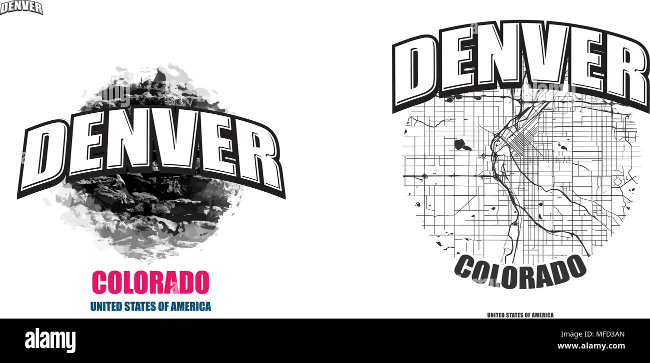 Denver, Colorado, Logo Design. Zwei in einem Vektor Kunst Großes Logo mit Vintage Briefe mit schönen farbigen Hintergrund und eine - Farbe - Version mit Karte für e Stock Vektor