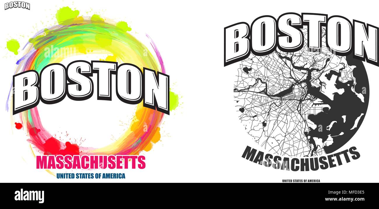 Boston, Massachusetts, Logo Design. Zwei in einem Vektor Kunst Großes Logo mit Vintage Briefe mit schönen farbigen Hintergrund und eine - Farbe - Version mit Karte Stock Vektor