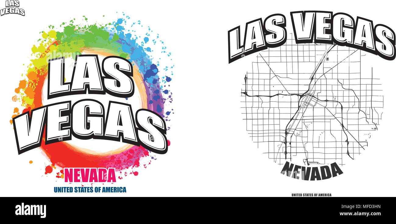 Las Vegas, Nevada, Logo Design. Zwei in einem Vektor Kunst Großes Logo mit Vintage Briefe mit schönen farbigen Hintergrund und eine - Farbe - Version mit Karte für Stock Vektor