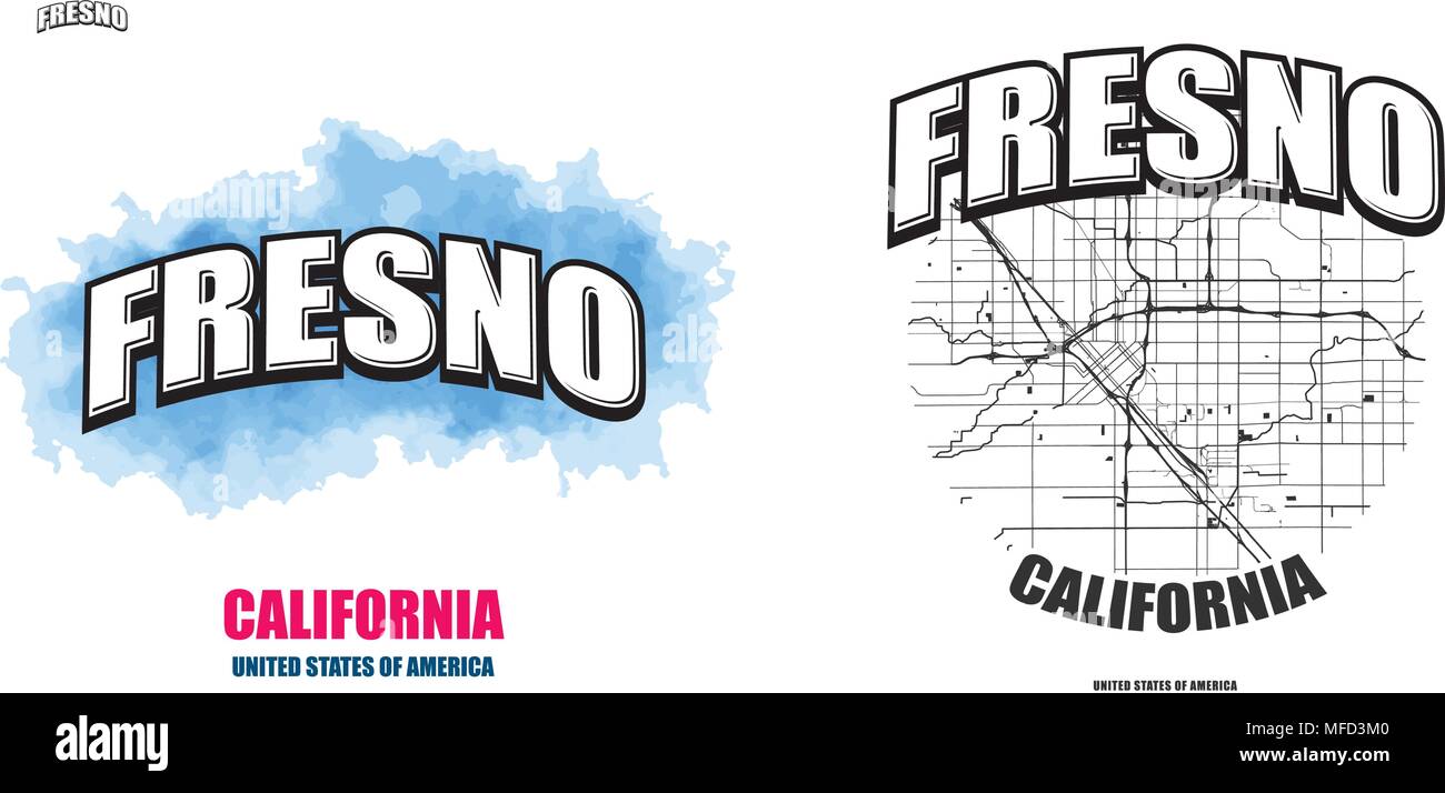 Fresno, Kalifornien, Logo Design. Zwei in einem Vektor Kunst Großes Logo mit Vintage Briefe mit schönen farbigen Hintergrund und eine - Farbe - Version mit Karte für Stock Vektor