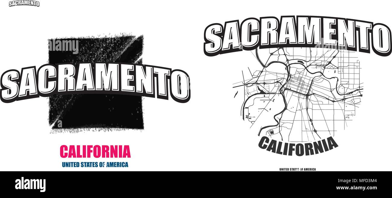 Sacramento, Kalifornien, Logo Design. Zwei in einem Vektor Kunst Großes Logo mit Vintage Briefe mit schönen farbigen Hintergrund und eine - Farbe - Version mit Karte Stock Vektor