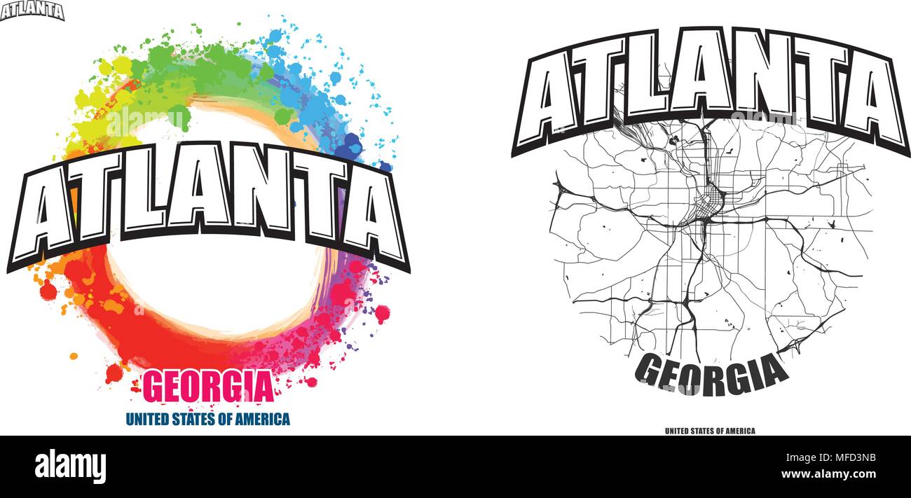 Atlanta, Georgia, Logo Design. Zwei in einem Vektor Kunst Großes Logo mit Vintage Briefe mit schönen farbigen Hintergrund und eine - Farbe - Version mit Karte für e Stock Vektor