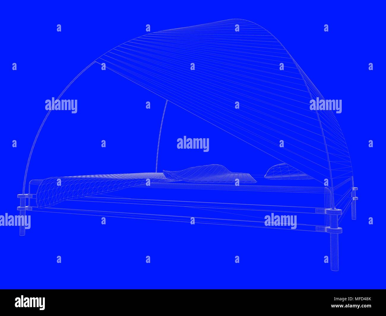 3D-Rendering von einem Bett bauplan als Linien auf einem blauen Hintergrund Stockfoto