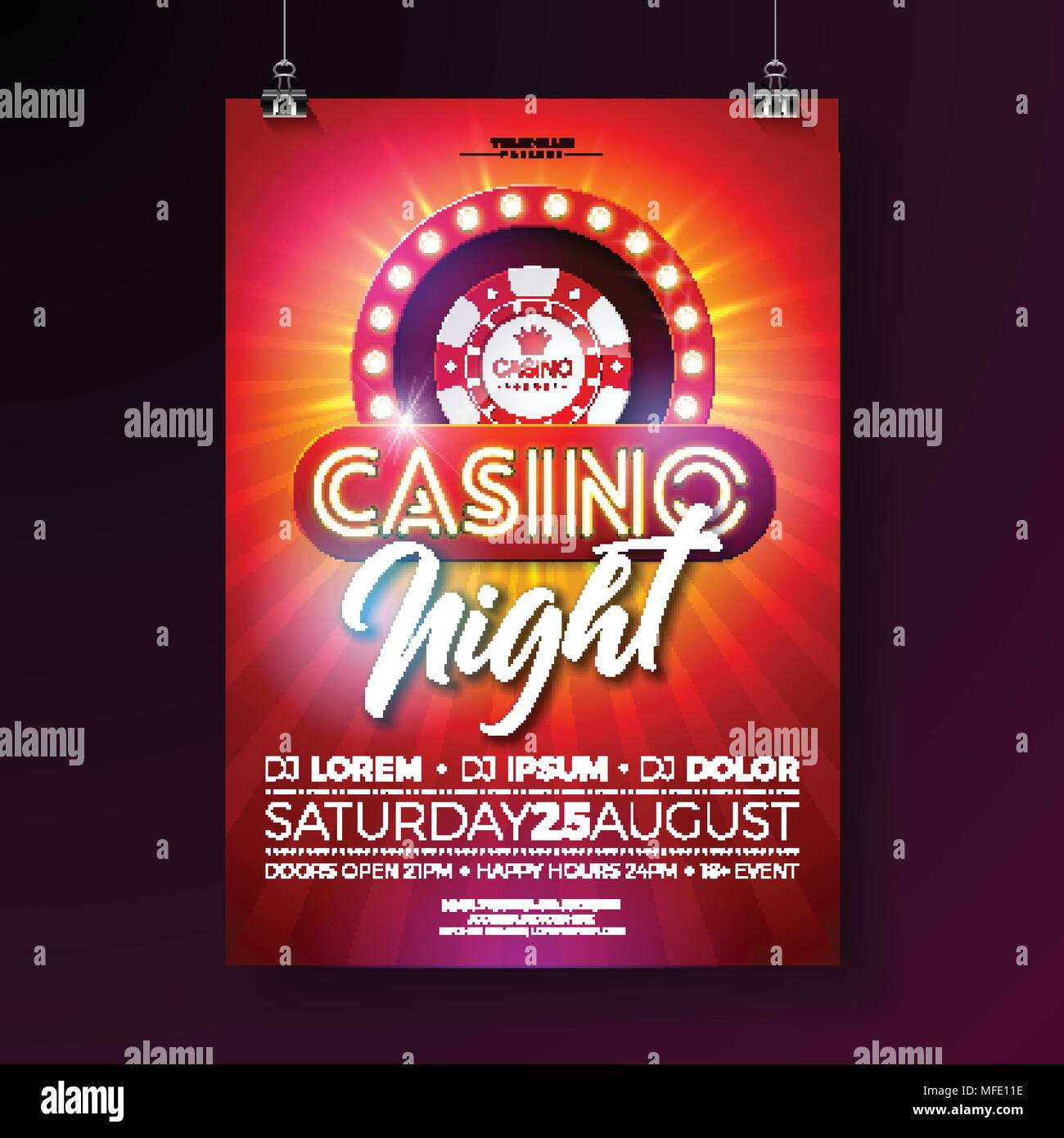 Vektor Casino Night flyer Abbildung mit dem Glücksspiel Designelemente und glänzend neon-Schriftzug auf rotem Hintergrund Licht. Luxus Einladung Plakat Vorlage. Stock Vektor