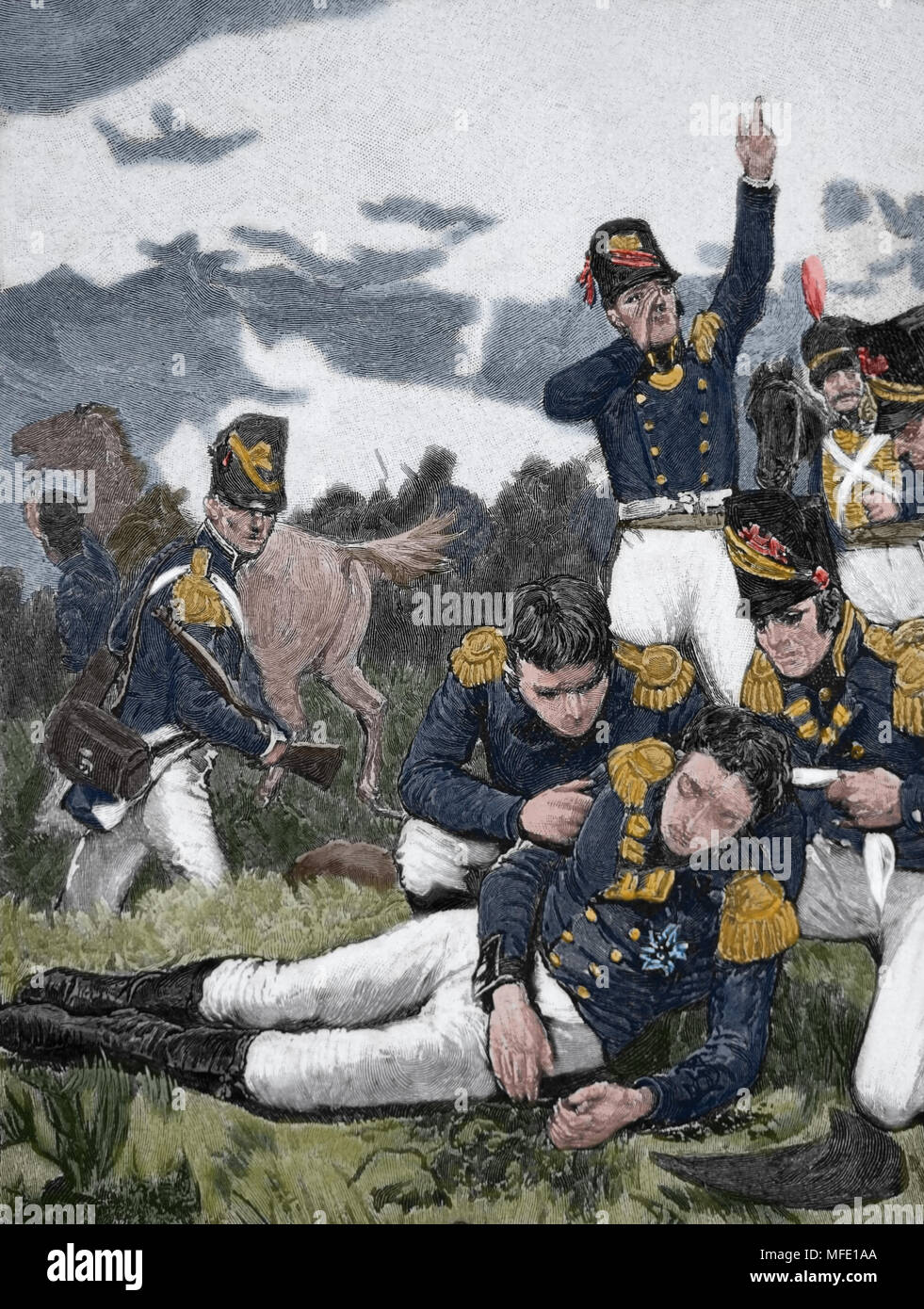 Tod von Sir John Moore (British Army) in der Schlacht von La Coruña. 1809. Peninsular War. Napoleonischen Kriege. Gravur, 19. Stockfoto