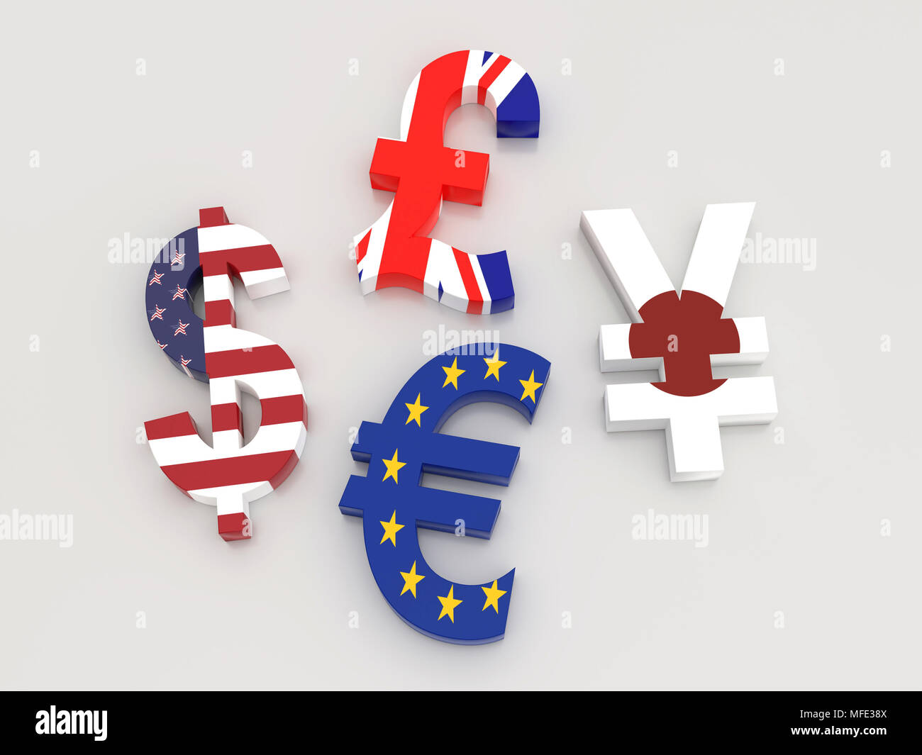 3D-Rendering von USD, Euro, Yen und britisches Pfund Währungssymbole, um mit den nationalen Flaggen auf weißem Hintergrund gewickelt Stockfoto
