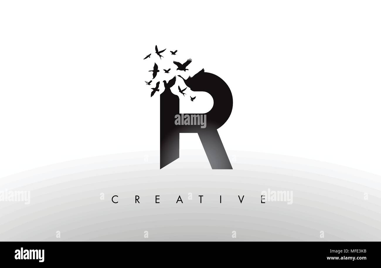 R Logo Brief mit fliegenden Schwarm Vögel zerfallenden aus dem Brief. Vogel Schreiben Symbol Fliegen. Stock Vektor